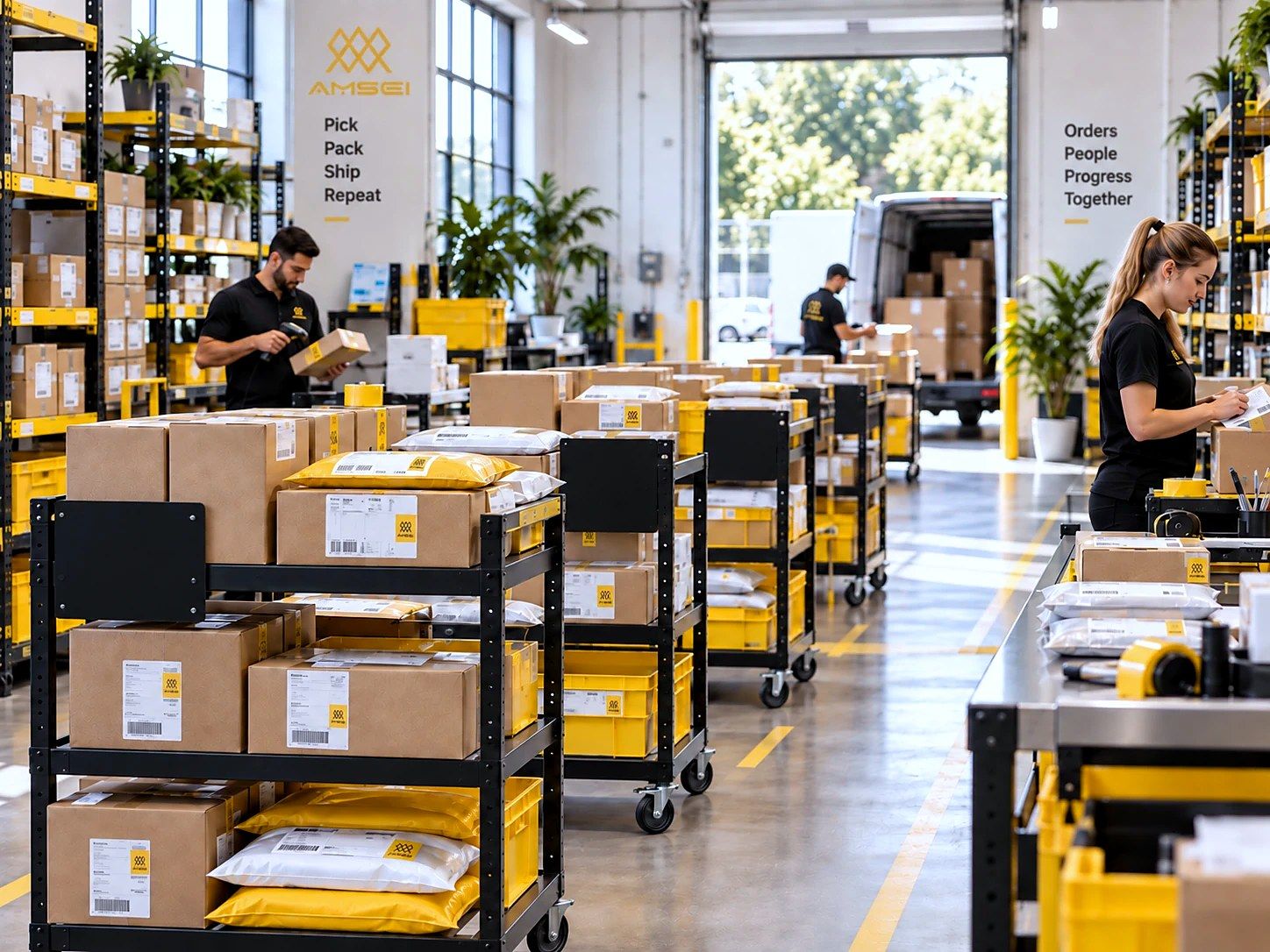 Equipo de AMSEI escaneando y preparando pedidos entre carritos con cajas y sobres amarillos
