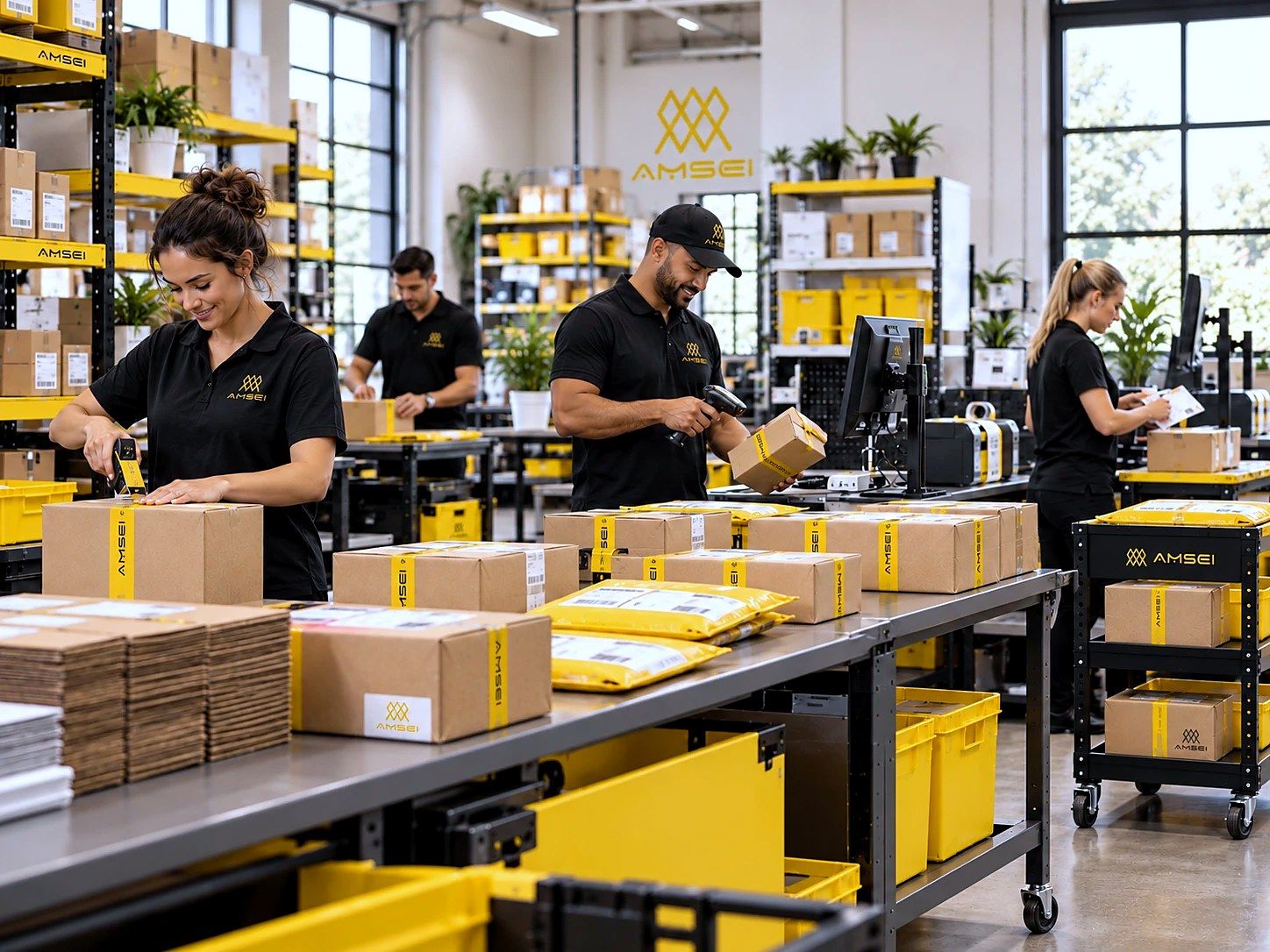 Equipo de AMSEI empacando y etiquetando cajas en la mesa de despacho