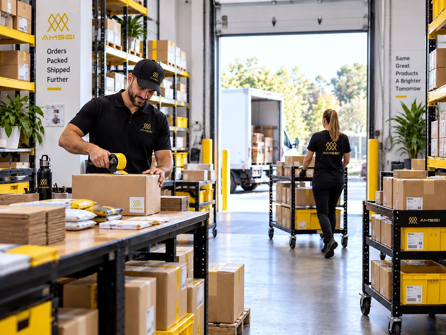 Integrante de AMSEI cerrando una caja mientras otra lleva un carrito hacia el camión de entrega